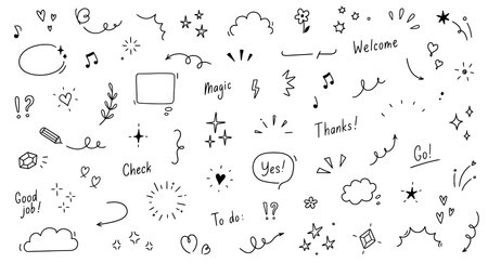 Doodle cute star, sparkle pen line elements. Doodle heart, emphasis, star, sparkle decoration symbol set icon. Simple sketch line style emphasis, glitter, pattern elements. Vector illustration.のイラスト素材