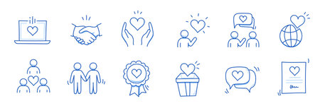 Charity hand, trust community doodle line icon. Charity community, partnership, people solidarity concept icon set. Hand drawn doodle sketch style line. Vector illustrationのイラスト素材