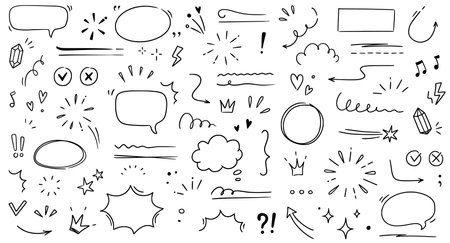 Hand drawn line highlight, speech bubble, brush underline. Text emphasis, star sparkle, pencil underline elements. Hand drawn sketch cloud speech bubble, arrow, emphasis. Vector illustration.のイラスト素材