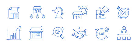 Business sme doodle icon set. Small, medium enterprise business hand drawn doodle sketch style icon. Local partnership, economic strategy, franchise concept. Vector illustration.のイラスト素材