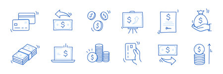Money cash, coin business doodle icon set. Dollar coin, money profit doodle line sketch business inflation, cash payment. Financial profit, growth icon. Outline editable stroke. Vector illustrationのイラスト素材