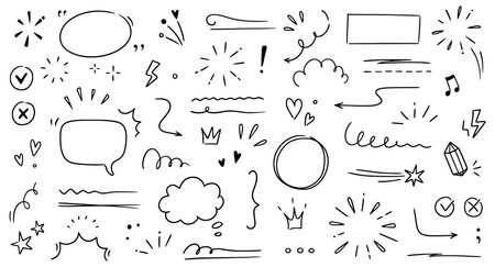 Line highlight brush, text emphasis, underline brush. Hand drawn scribble highlight, arrow, star sparkle. Text underline drawn, speech bubble, marker brush. Vector illustration.のイラスト素材