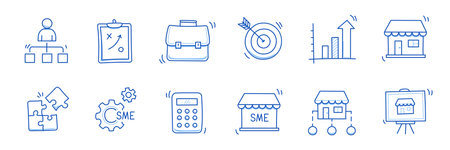 Business sme doodle icon set. Small, medium enterprise business hand drawn doodle sketch style icon. Local partnership, economic strategy, franchise concept. Vector illustration.のイラスト素材