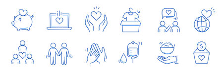 Charity hand, money, blood donation doodle line icon. Charity volunteer, support, blood donor concept icon set. Volunteer heart, donate food hand drawn doodle sketch style line. Vector illustrationのイラスト素材