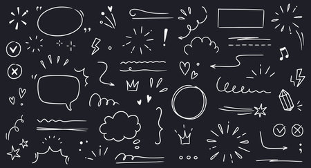 Line highlight brush, text emphasis, underline brush on chalkboard background. Hand drawn scribble highlight, arrow, star sparkle. Text underline drawn, cloud speech bubble. Vector illustration.のイラスト素材