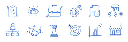 Business sme doodle icon set. Small, medium enterprise business hand drawn doodle sketch style icon. Local partnership, economic strategy, franchise concept. Vector illustration.のイラスト素材