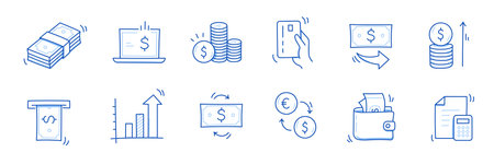 Money cash, coin business doodle icon set. Dollar coin, money profit doodle line sketch business inflation, cash payment. Financial profit, growth icon. Outline editable stroke. Vector illustrationのイラスト素材