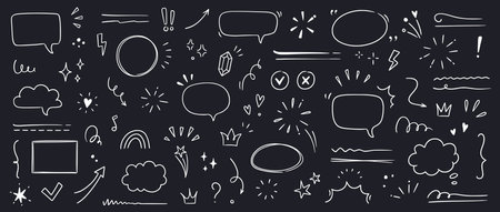 Line highlight brush, text emphasis, underline brush on chalkboard background. Hand drawn scribble highlight, arrow, star sparkle. Text underline drawn, cloud speech bubble. Vector illustration.のイラスト素材