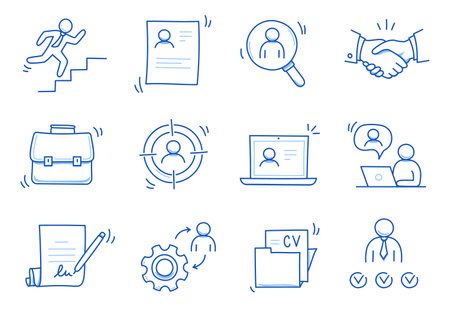 Doodle line icon set work, business job search. Doodle sketch hand drawn style employee search, business work career, company people team icon. Job interview, team person concept. Vector illustrationのイラスト素材