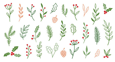 Christmas plant leaf, flower set. Hand drawn doodle sketch holly floral, christmas tree leaves, winter branch elements. Holiday decoration, rustic wreath sketch doodle. Vector illustration.のイラスト素材