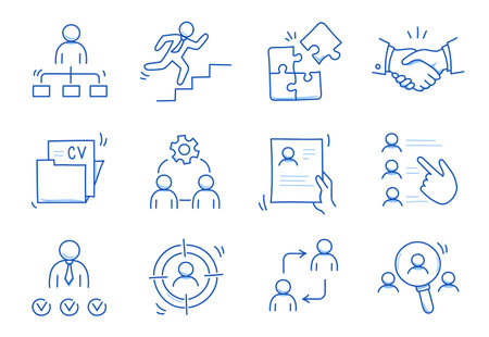 Doodle line icon set work, business job search. Doodle sketch hand drawn style employee search, business work career, company people team icon. Job interview, team person concept. Vector illustrationのイラスト素材