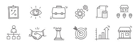 Business sme doodle icon set. Small, medium enterprise business hand drawn doodle sketch style icon. Local partnership, economic strategy, franchise concept. Vector illustration.のイラスト素材