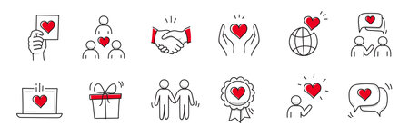 Community trust hand, social heart doodle line icon. Charity community, partnership care, people solidarity help concept icon set. Hand drawn doodle sketch style line. Vector illustrationのイラスト素材