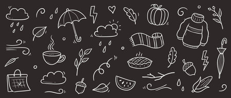 Autumn doodle vector chalkboard set. Hand drawn doodle sketch style nature fall season, autumn icon background. Autumn falling leaves, wind season, umbrella sketch elements. Vector illustrationのイラスト素材