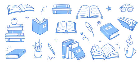 Book stack sketch set. Hand drawn sketch doodle style line book stack. Library, reading, school doodle concept icon background. Blue pen line style stroke. Vector illustrationのイラスト素材