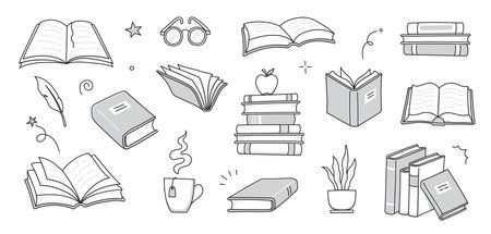 Book stack sketch set. Hand drawn sketch doodle style line book stack. Library, reading, school doodle concept icon background. Blue pen line style stroke. Vector illustrationのイラスト素材