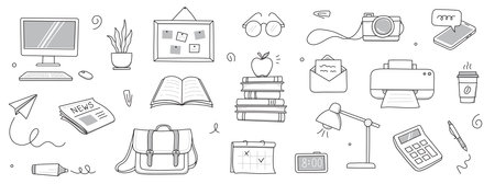 Office work doodle set. Office computer, work desk, notebook doodle icon. Hand drawn sketch style illustration. Business, school education hand drawn elements. Vector illustration.のイラスト素材