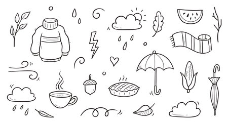 Autumn doodle vector set. Hand drawn doodle sketch style nature fall season, autumn icon background. Autumn falling leaves, wind season, umbrella sketch elements. Vector illustration.のイラスト素材