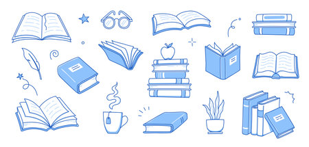 Book library stack sketch set. Hand drawn sketch doodle style line book stack. Library, reading, school doodle concept icon background. Blue pen line style stroke. Vector illustration.のイラスト素材