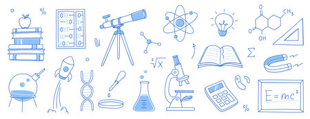 Doodle science, education school icon. Hand drawn sketch style doodle science background. School chemistry, physics education, biology concept icon. Hand drawn line vector illustration.のイラスト素材