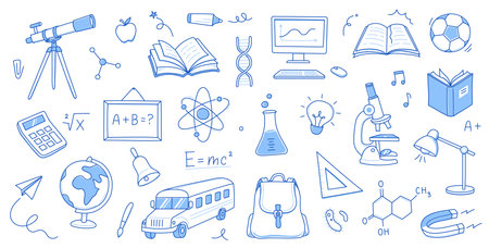 Back to school education doodle icon. Hand drawn line doodle sketch style back to school illustration. Hand drawn book, bag, globe education elements background. Vector illustration.のイラスト素材