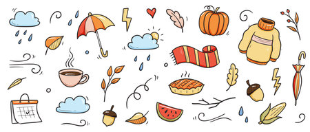 Autumn doodle vector set. Hand drawn doodle sketch style nature fall season, autumn icon background. Autumn falling leaves, wind season, umbrella sketch elements. Vector illustration.のイラスト素材