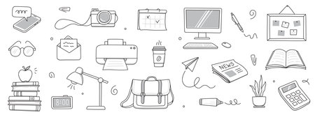 Office work doodle set. Office computer, work desk, notebook doodle icon. Hand drawn sketch style illustration. Business, school education hand drawn elements. Vector illustration.のイラスト素材
