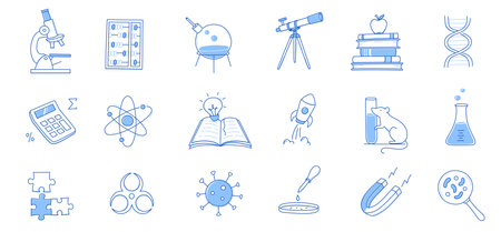Laboratory doodle icon set. Hand drawn sketch line doodle style scientific education, chemistry laboratory, medicine experiment icon. Microscope, atom, magnet outline element. Vector illustration.のイラスト素材