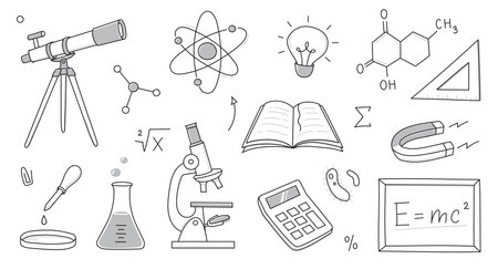 Doodle science, education school icon. Hand drawn sketch style doodle science background. School chemistry, physics education, biology concept icon. Hand drawn line vector illustration.のイラスト素材