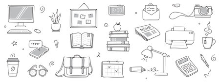 Office work doodle set. Office computer, work desk, notebook doodle icon. Hand drawn sketch style illustration. Business, school education hand drawn elements. Vector illustration.のイラスト素材