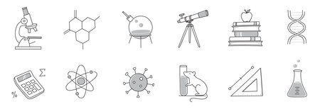 Laboratory doodle icon set. Hand drawn sketch line doodle style scientific education, chemistry laboratory, medicine experiment icon. Microscope, atom, magnet outline element. Vector illustration.のイラスト素材