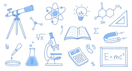 Doodle science, education school icon. Hand drawn sketch style doodle science background. School chemistry, physics education, biology concept icon. Hand drawn line vector illustration.のイラスト素材
