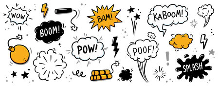 Comic bomb boom vector element. Hand drawn cartoon explosion bomb effect, splash, exclamation smoke element. Doodle hand drawn text boom, pow, wow. Vector illustration.のイラスト素材