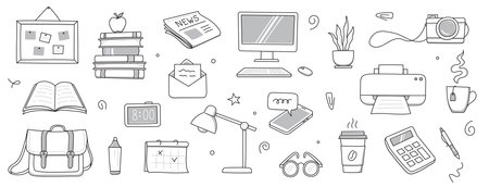 Office work doodle set. Office computer, work desk, notebook doodle icon. Hand drawn sketch style illustration. Business, school education hand drawn elements. Vector illustration.のイラスト素材