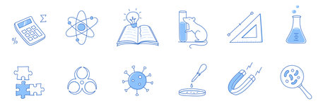 Laboratory doodle icon set. Hand drawn sketch line doodle style scientific education, chemistry laboratory, medicine experiment icon. Microscope, atom, magnet outline element. Vector illustration.のイラスト素材