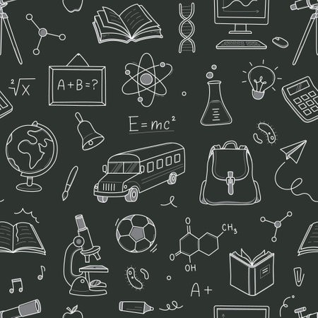 Back to school seamless pattern doodle. Hand drawn line doodle sketch style back to school background. Hand drawn book, bag, globe education chalkboard background. Vector illustration.のイラスト素材