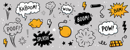 Comic bomb boom vector element. Hand drawn cartoon explosion bomb effect, splash, exclamation smoke element. Doodle hand drawn text boom, pow, wow. Vector illustration.のイラスト素材