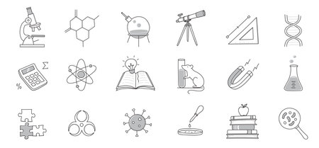 Laboratory doodle icon set. Hand drawn sketch line doodle style scientific education, chemistry laboratory, medicine experiment icon. Microscope, atom, magnet outline element. Vector illustration.のイラスト素材