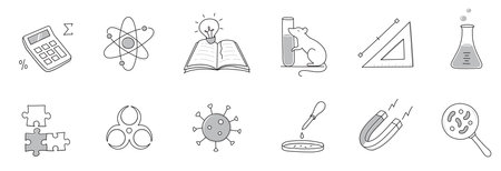 Laboratory doodle icon set. Hand drawn sketch line doodle style scientific education, chemistry laboratory, medicine experiment icon. Microscope, atom, magnet outline element. Vector illustration.のイラスト素材