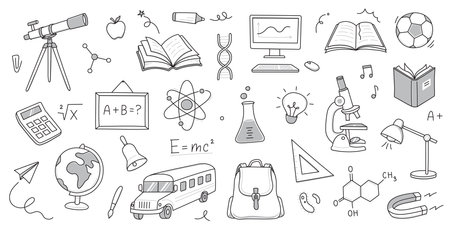 Back to school education doodle icon. Hand drawn line doodle sketch style back to school illustration. Hand drawn book, bag, globe education elements background. Vector illustration.のイラスト素材