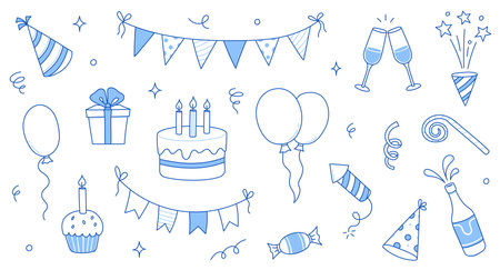 Birthday doodle icon element. Hand drawn sketch doodle birthday cake, balloon, event decoration element. Party, carnival celebration concept background. Vector illustration.のイラスト素材