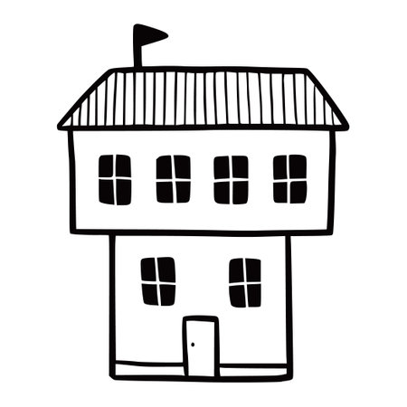 Hand drawn cute house. Doodle sketch style home. House building with window, roof. Vector illustration for home icon.のイラスト素材