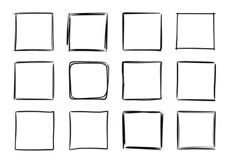 Hand drawn sketch frame vector. Simple doodle rectangle pencil frame border shape. Hand drawn doodle scribble border element for text quote template. Pencil brush stroke style. Vector illustrationのイラスト素材