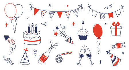 Birthday doodle icon element. Hand drawn sketch doodle birthday cake, balloon, event decoration element. Party, carnival celebration concept background. Vector illustration.のイラスト素材