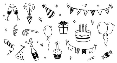 Birthday doodle icon element. Hand drawn sketch doodle birthday cake, balloon, event decoration element. Party, carnival celebration concept background. Vector illustrationのイラスト素材