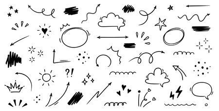 Sketch line cute star element, arrow, heart shape. Hand drawn doodle sketch style circle, cloud speech bubble grunge element set. Arrow, star sparkle, heart brush decoration. Vector illustrationのイラスト素材