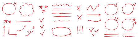 Red line check mark, underline, circle. Hand drawn doodle sketch red marker stroke emphases, highlight, check mark elements. Study focus, important underline, circle sketch. Vector illustration.のイラスト素材