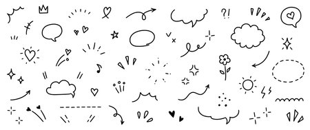 Cute line icon sketch element. Hand drawn line sketch text decoration star sparkle, arrow, heart element set. Simple drawn sun sparkle, flower, emphasis symbol background. Vector illustration.のイラスト素材