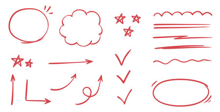 Red line check mark, underline, circle. Hand drawn doodle sketch red marker stroke emphases, highlight, check mark elements. Study focus, important underline, circle sketch. Vector illustration.のイラスト素材