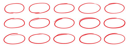 Hand drawn red oval set. Hand drawn doodle marker, pen stroke line highlight oval frame. Scribble round frame for text highlight. Grunge scratch style set. Vector illustrationのイラスト素材